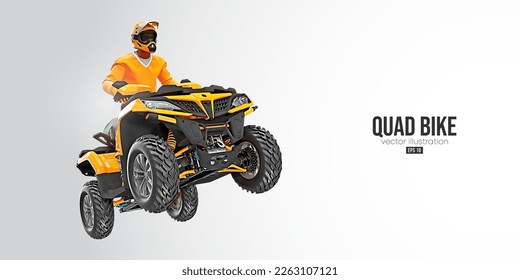 Silueta realista de una bicicleta ATV Quad, vehículo todo terreno, aislado en fondo blanco. El ciclista salta en quad. Ilustración del vector