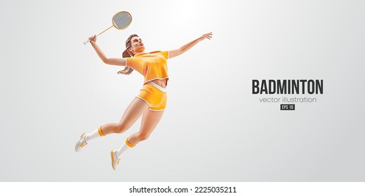 Realistic silhouette of a badminton player on white background. The badminton player woman hits the shuttlecock. Vector illustration