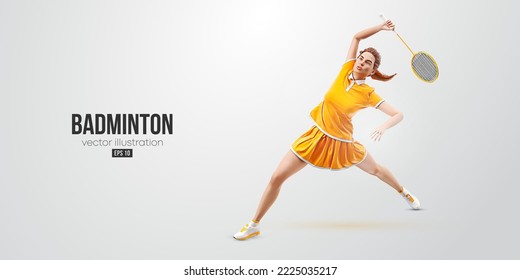 Realistic silhouette of a badminton player on white background. The badminton player woman hits the shuttlecock. Vector illustration