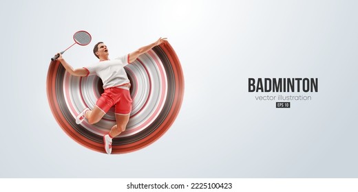 Realistic silhouette of a badminton player on white background. The badminton player man hits the shuttlecock. Vector illustration