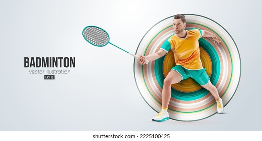 Realistic silhouette of a badminton player on white background. The badminton player man hits the shuttlecock. Vector illustration