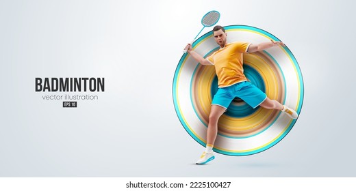 Realistic silhouette of a badminton player on white background. The badminton player man hits the shuttlecock. Vector illustration