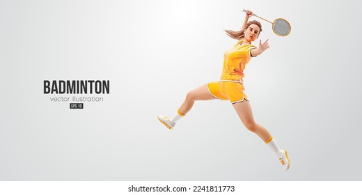 Realistic silhouette of a badminton player on white background. The badminton player woman hits the shuttlecock. Vector illustration
