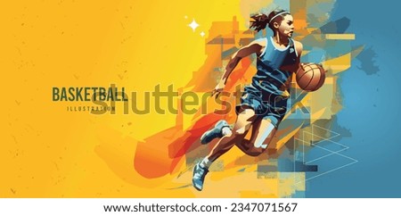 Realistic silhouette of a basketball player. Woman in action isolated on copy space background. Vector illustration