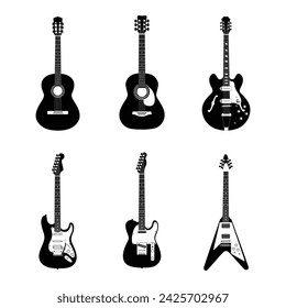 Realistic Silhouette Black and White Classic, Acoustic, Semi Acoustic, and Electric Guitar Set Vector