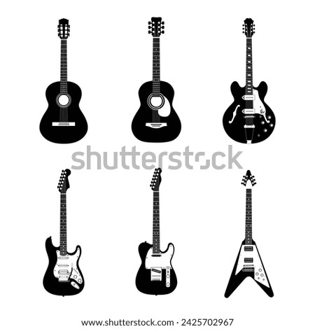 Realistic Silhouette Black and White Classic, Acoustic, Semi Acoustic, and Electric Guitar Set Vector