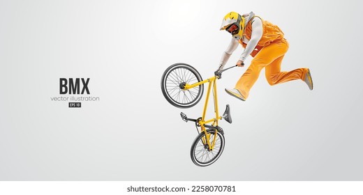 Realistic silhouette of a bmx rider, man is doing a trick, isolated on white background. Cycling sport transport. Vector illustration