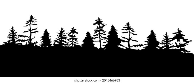 Silueta realista de bosque, paisaje, tierra con árboles. Ilustración aislada dibujada a mano para el fondo, diseño, banners. Skyline ambiental vectorial en color blanco y negro