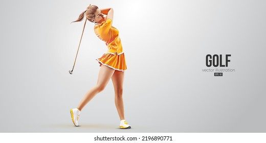 Realistic silhouette of a golf player on white background. Golfer woman hits the ball. Vector illustration