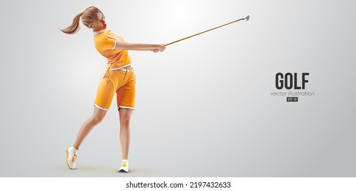 Realistic silhouette of a golf player on white background. Golfer woman hits the ball. Vector illustration