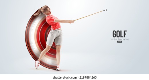 Realistic silhouette of a golf player on white background. Golfer woman hits the ball. Vector illustration