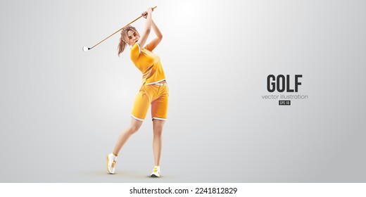 Silueta realista de un jugador de golf de fondo blanco. La mujer golfista golpea la pelota. Ilustración del vector