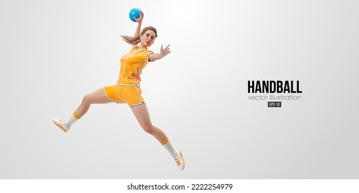 Realistic silhouette of a handball player on white background. Handball player woman are throws the ball. Vector illustration