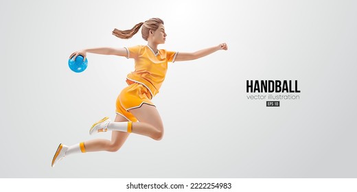 Realistic silhouette of a handball player on white background. Handball player woman are throws the ball. Vector illustration