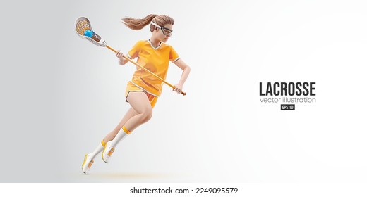Realistic silhouette of a lacrosse player on white background. Lacrosse player woman are throws the ball. Vector illustration