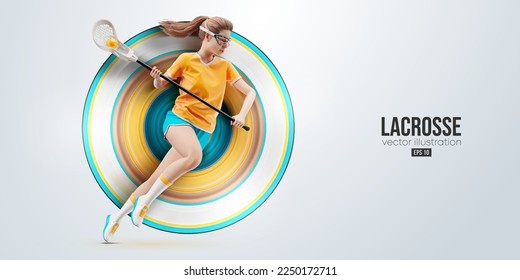 Realistic silhouette of a lacrosse player on white background. Lacrosse player woman are throws the ball. Vector illustration