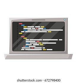 realistic silhouette of laptop computer with screen programming window with script code vector illustration