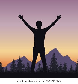 Realistic silhouette of a man welcoming sunrise in a mountain landscape with a forest - vector