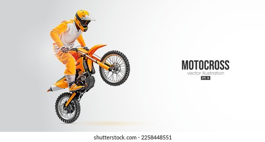 La silueta realista de un motociclista, el hombre está haciendo un truco, aislado en el fondo blanco. Transporte deportivo de moto Enduro. Ilustración del vector