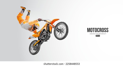 Realistic silhouette of a motocross rider, man is doing a trick, isolated on white background. Enduro motorbike sport transport. Vector illustration