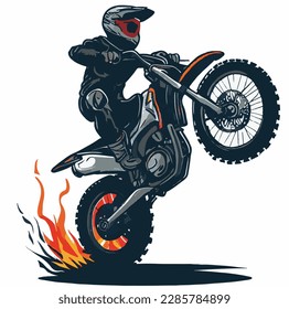 La silueta realista de un motociclista, el hombre está haciendo un truco, aislado en el fondo blanco. Transporte deportivo de moto Enduro. Ilustración del vector