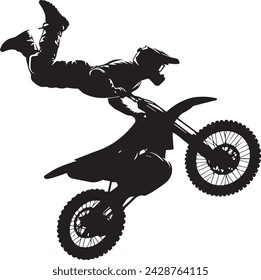 Realistic silhouette of a motocross rider, man is doing a trick, isolated on white background. Enduro motorbike sport transport. Vector illustration