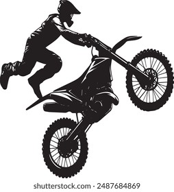 Silueta realista de un piloto de motocross, el hombre está haciendo un truco, aislado sobre fondo blanco. Transporte deportivo de moto enduro. Ilustración vectorial