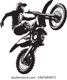 Silueta realista de un piloto de motocross, el hombre está haciendo un truco, aislado sobre fondo blanco. Transporte deportivo de moto enduro. Ilustración vectorial