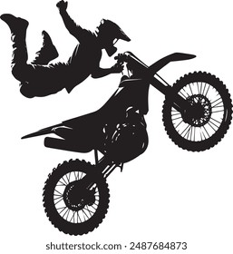 Realistic silhouette of a motocross rider, man is doing a trick, isolated on white background. Enduro motorbike sport transport. Vector illustration