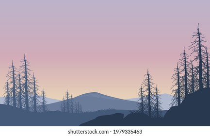 Realistic silhouette of mountains with dry trees at sunrise. Vector illustration of a city
