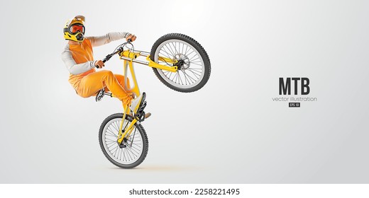 Realistic silhouette of a mtb rider, man is doing a trick, isolated on white background. Mountain cycling sport transport. Vector illustration
