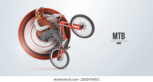 Realistic silhouette of a mtb rider, man is doing a trick, isolated on white background. Mountain cycling sport transport. Vector illustration