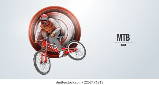 La silueta realista de un motociclista, el hombre está haciendo un truco, aislado en el fondo blanco. Transporte deportivo en bicicleta de montaña. Ilustración del vector