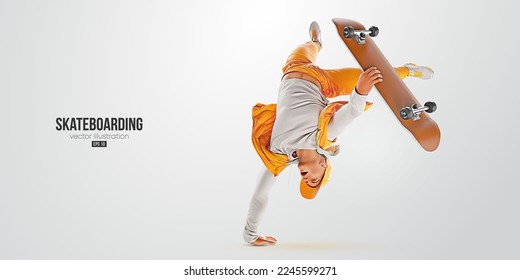 Realistic silhouette of a skateboarder on white background. The skateboarder man is doing a trick. Street skateboarding. Vector illustration