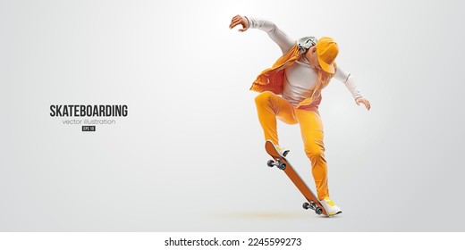 Realistic silhouette of a skateboarder on white background. The skateboarder man is doing a trick. Street skateboarding. Vector illustration