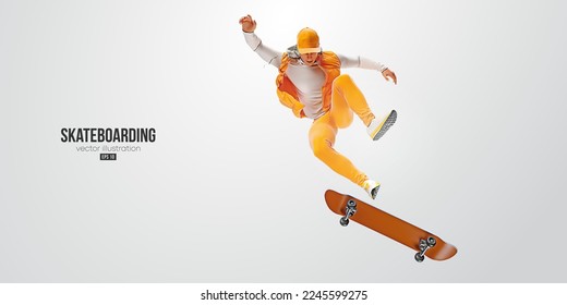 Realistic silhouette of a skateboarder on white background. The skateboarder man is doing a trick. Street skateboarding. Vector illustration