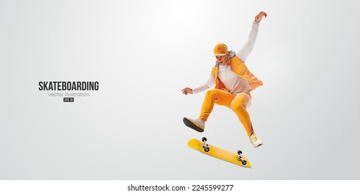 Realistic silhouette of a skateboarder on white background. The skateboarder man is doing a trick. Street skateboarding. Vector illustration