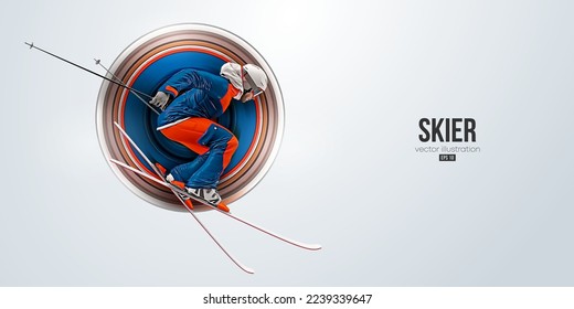 Realistic silhouette of a skiing on white background. The skier man doing a trick. Carving Vector illustration