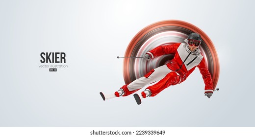 Realistic silhouette of a skiing on white background. The skier man doing a trick. Carving Vector illustration