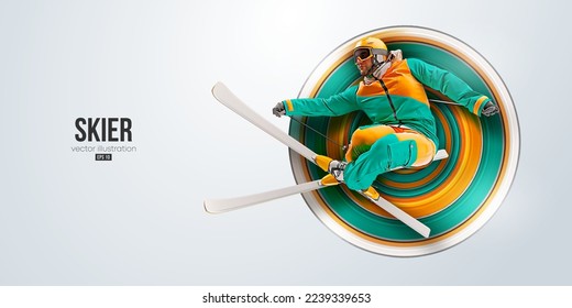 Realistic silhouette of a skiing on white background. The skier man doing a trick. Carving Vector illustration