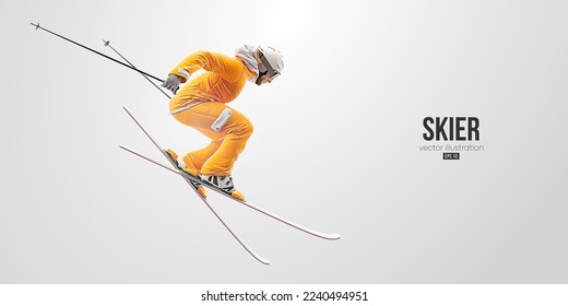 Realistic silhouette of a skiing on white background. The skier man doing a trick. Carving Vector illustration