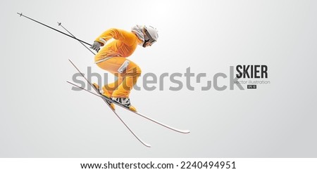 Realistic silhouette of a skiing on white background. The skier man doing a trick. Carving Vector illustration