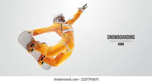 Realistic silhouette of a snowboarding on white background. The snowboarder man doing a trick. Carving. Vector illustration