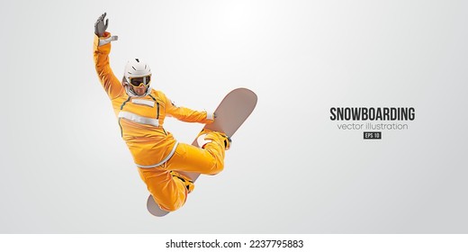 Realistic silhouette of a snowboarding on white background. The snowboarder man doing a trick. Carving. Vector illustration