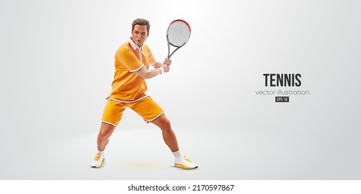 Realistic silhouette of a tennis player on white background. Tennis player man with racket hits the ball. Vector illustration