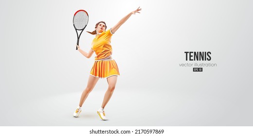 Realistische Silhouette eines Tennisspielers auf weißem Hintergrund. Tennisspielerin mit Schläger trifft den Ball. Vektorgrafik
