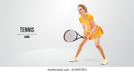 Realistic silhouette of a tennis player on white background. Tennis player woman with racket hits the ball. Vector illustration
