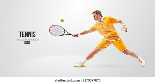 Realistic silhouette of a tennis player on white background. Tennis player man with racket hits the ball. Vector illustration