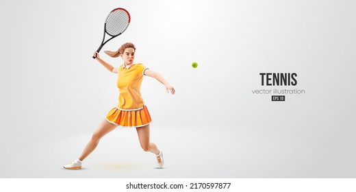 Realistic silhouette of a tennis player on white background. Tennis player woman with racket hits the ball. Vector illustration
