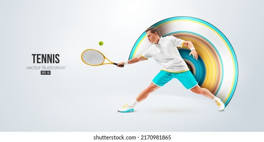 Realistic silhouette of a tennis player on white background. Tennis player man with racket hits the ball. Vector illustration